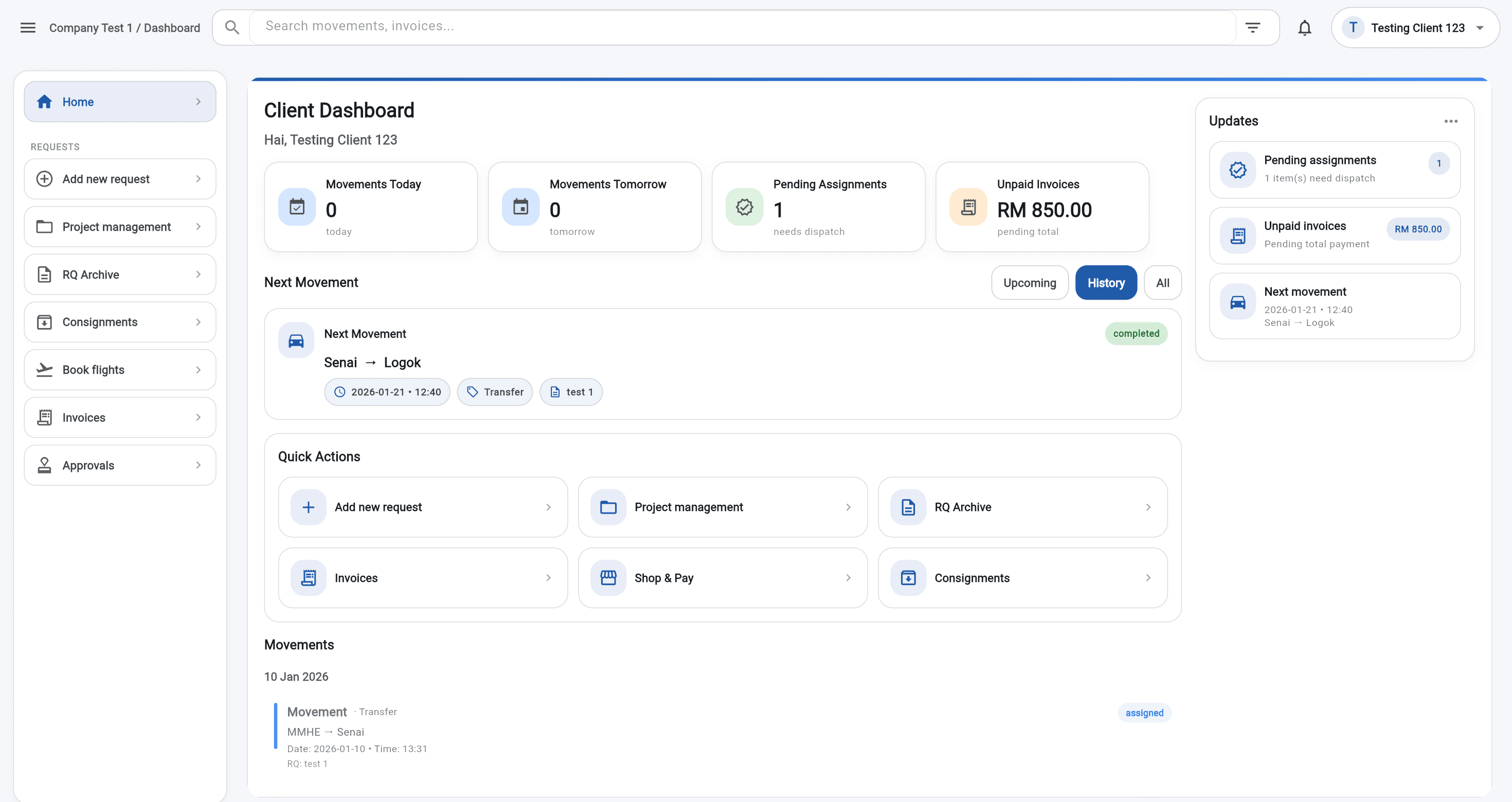 URO Trans Client Dashboard — corporate logistics platform in Johor Bahru